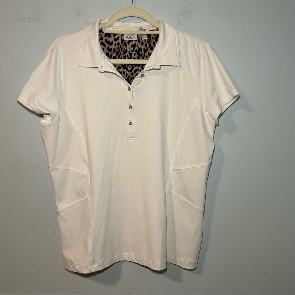 Chico’s Zenergy Golf White & Cheetah Print with Pocket Short Sleeve Polo Size 12